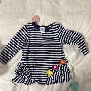 Florence Eiseman Blue and White Long Sleeve Tee with Ruffle Details